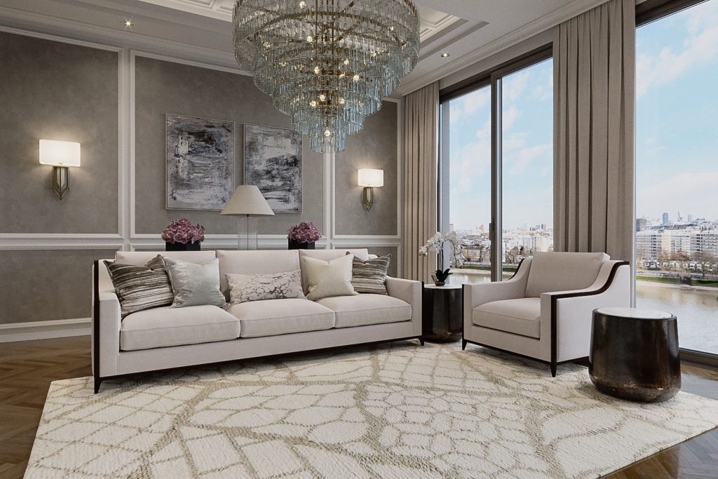 home interior with neutral grey and white rug accents