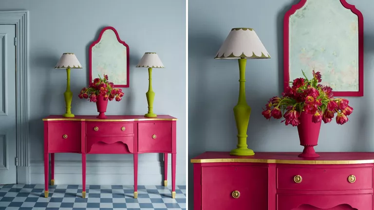Old pieces of furniture painted in 'Viva Magenta' to refresh the home
