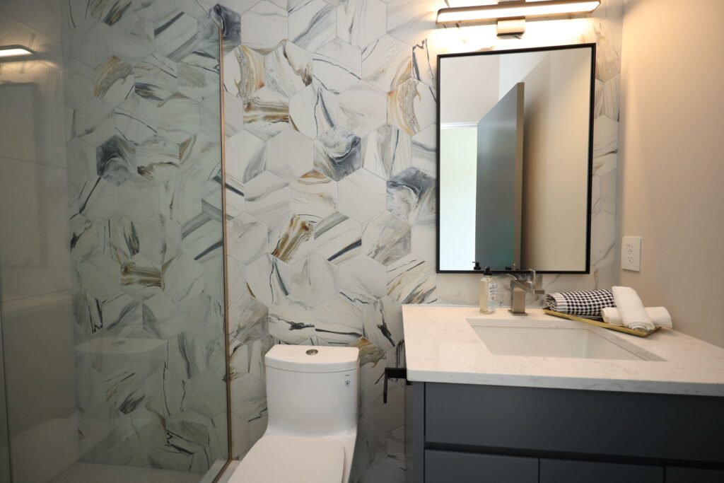 Hex Porcelain tile by the Tile shop in a Tiffany Hanken Design Artisan Home Interior Design Project