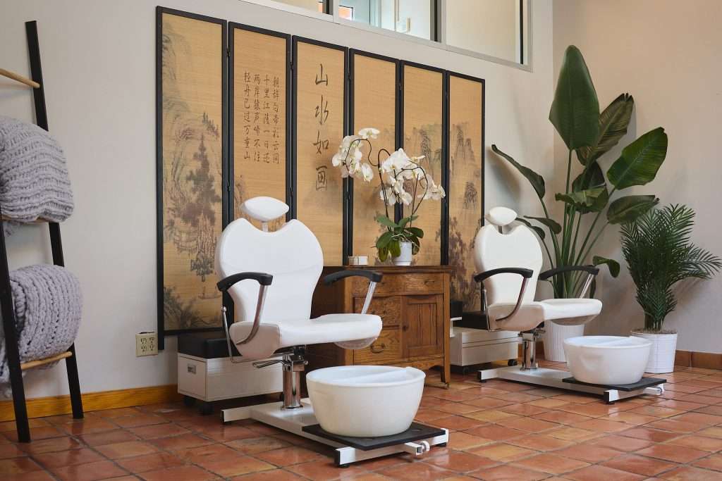 Aurora Spa 3 Japanese-inspired design in pedicure area in Aurora Spa in Minneapolis. Interior Design by Tiffany Hanken Design