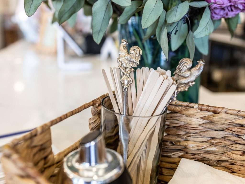 Oh Crêpe! Creperie & Café 23 Decorative sticks in a woven basket of French Roosters at Oh Crepe Edina