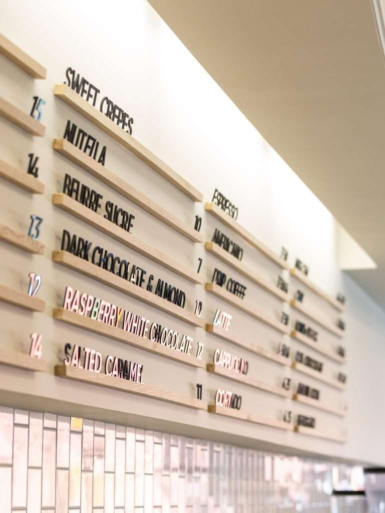 Oh Crêpe! Creperie & Café 16 Menu board with various items listed at Oh Crepe in Edina. Designed by Tiffany Hanken