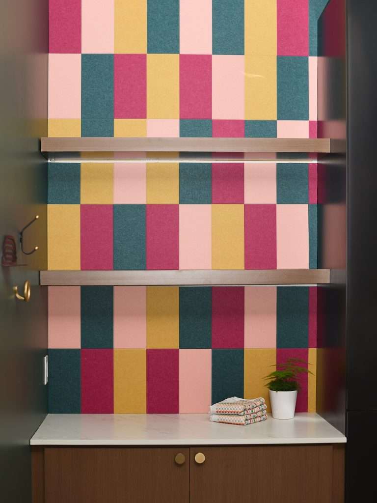 Mill City Laser 3 Colorful patterned wall with shelves, designed by Tiffany Hanken Design