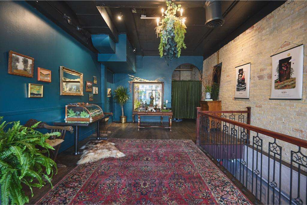 Decorative interior with plants and art entryway to Minneapolis restaurant